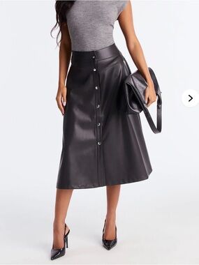 NWT Fashion Nova Black Faux Leather Button-Front Midi Skirt
